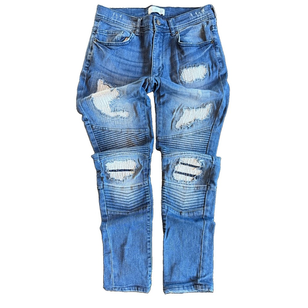 Zara Man Mens 30 Destroyed Moto Biker Jeans Ribbed Knee Ripped Blue Denim